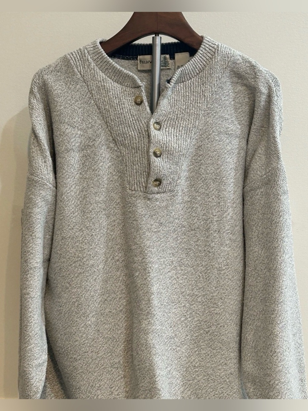 Vtg 80s Fieldmaster Henley Sweater Gray Pullover Men XL Tall 100% Cotton USA XLT